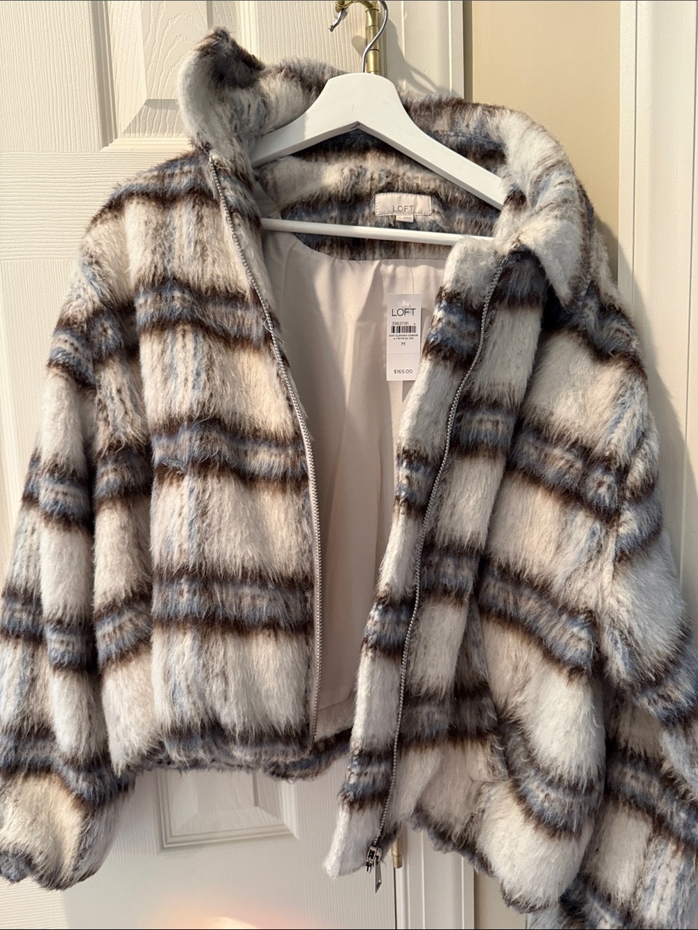 LOFT Cream and Brown Plaid Faux Fur Zip-Front Jacket